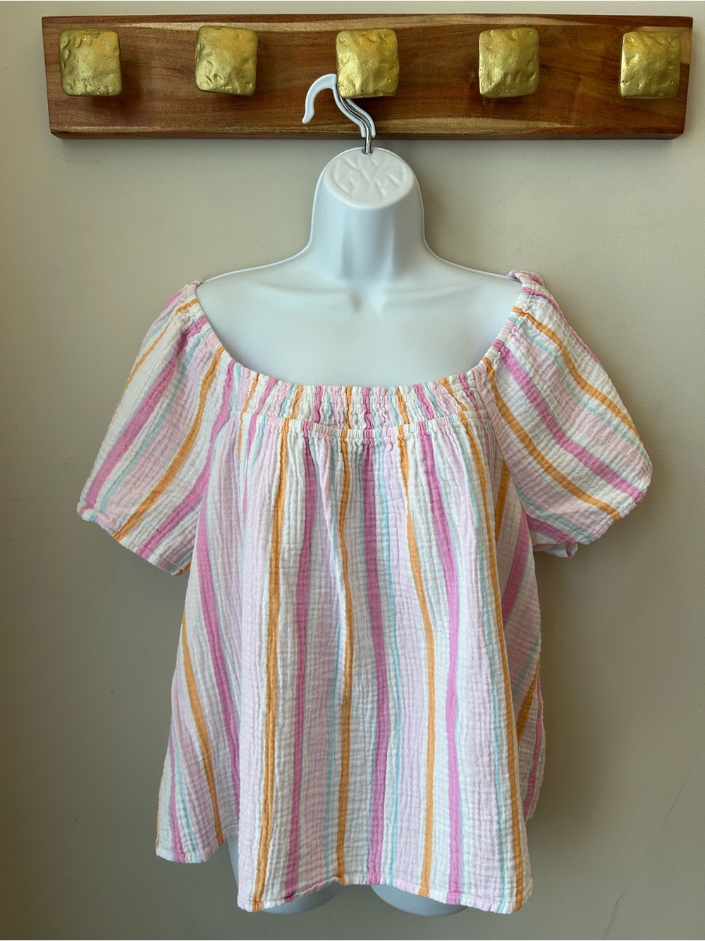 Coastal Cottagecore Pastel Stripe Cotton Gauze Peasant Top Plus Size - 2XL